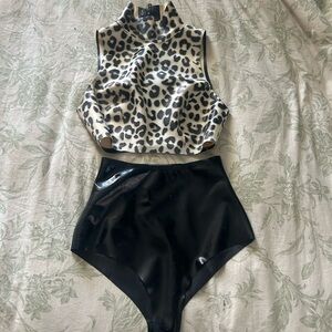 VEX LATEX Leopard Print Crop Top and Black High-Waisted Panty set